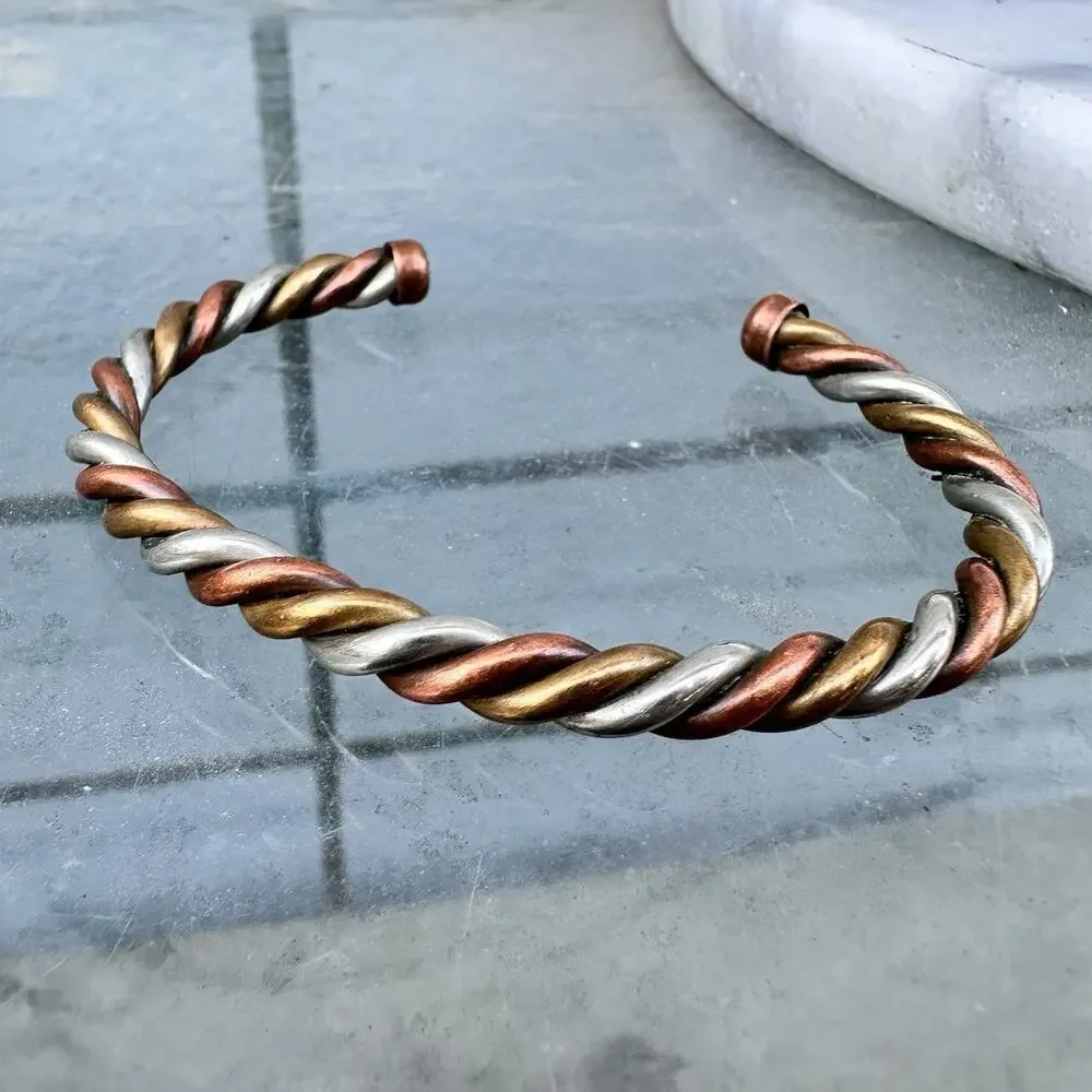 Copper Twist Cuff Bracelet Southwest Silver Brass Vintage Mixed Metal Rope Mens